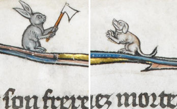 medieval manuscript image of a rabbit with an axe and a dog