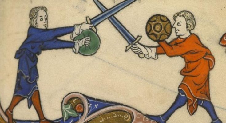 sword and buckler fight from medieval manuscript