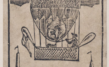 woodcut of what appears to be a hot air balloon