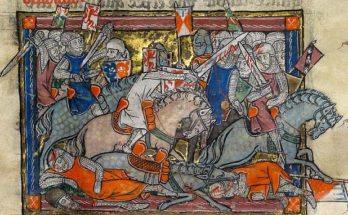 The Rochefoucauld Grail, about 1315, depecting fighting forces on horseback