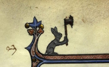 Illumination of a rabbit with a large axe held in the air, Paris, Bibl. de la Sorbonne, ms. 0121, f. 023