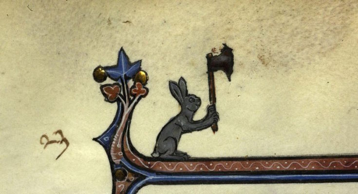 Illumination of a rabbit with a large axe held in the air, Paris, Bibl. de la Sorbonne, ms. 0121, f. 023